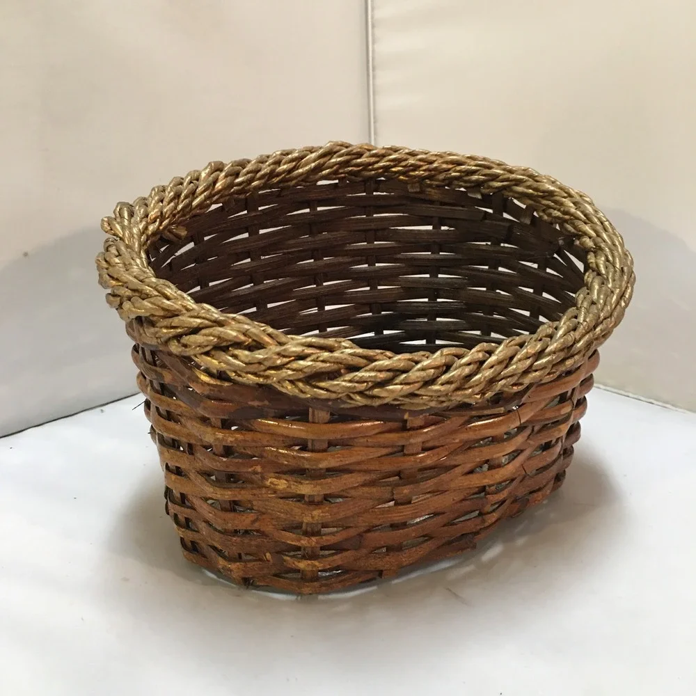 Wicker Storage Basket Unisex OS Brown Gold Trim Oval Woven Decor Cottagecore